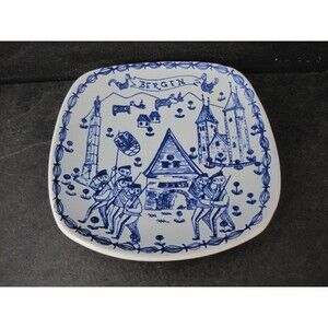 1970s Kari Nyquist Stavangerflint Plate Blue White Bergen Harbor Scandi Decor